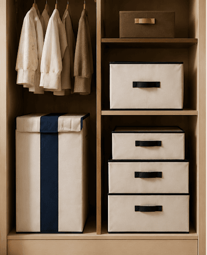 Organized closet with Shree Kraft fabric storage bins, drawers, and neatly hanging shirts